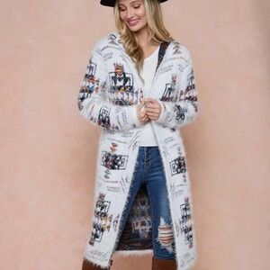 On Blue Southwestern Eyelash Knit Longline Hooded Cardigan White Size Small
